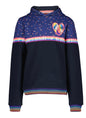 Hoodie Jinte uit de collectie van Zoete Zusjes x 4President. Bovenste gedeelte blauw met speelse hartjes. Tussenin een regenboog-band met tekst en onderste gedeelte is donker blauw. Vershillende maten beschikbaar.