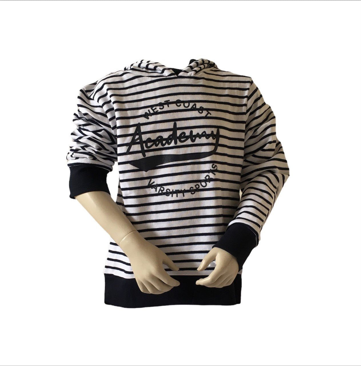 Hoodie nautic voor meisjes. Donker blauw-wit gestreept met Academy-print van het merk Blue Seven in verschillende maten verkrijgbaar.
