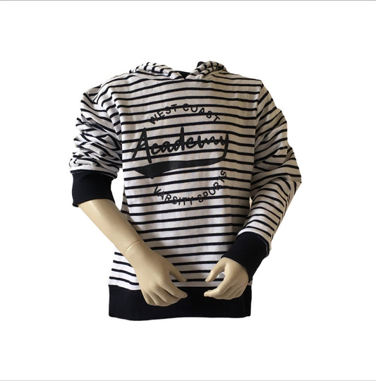 Hoodie nautic voor meisjes. Donker blauw-wit gestreept met Academy-print van het merk Blue Seven in verschillende maten verkrijgbaar.