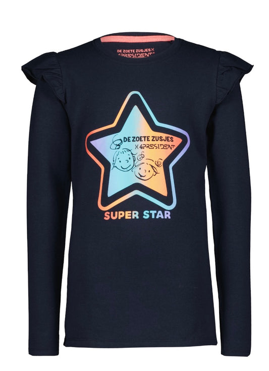 Shirt Jolijn van de Zoete Zusjes x4President. Donkerblauw met ster en tekst Super Star. In verschillende maten verkrijgbaar.