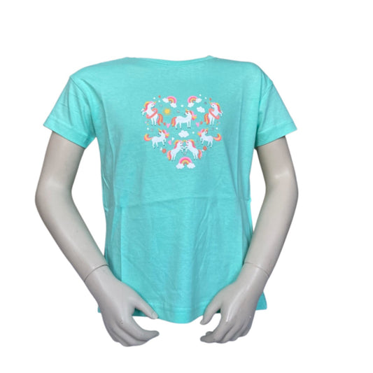T-shirt in de kleur turquoise met hartvorm eenhoorns print. Is van het merk Blue Seven en het materiaal is van 100% katoen. Verkrijgbaar in diverse maten.