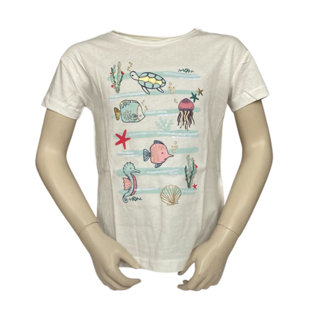 T-shirt met vrolijke zeedieren in de kleur wit en van het merk Blue Seven. Materiaal is van 100% katoen en in verschillende maten verkrijgbaar.