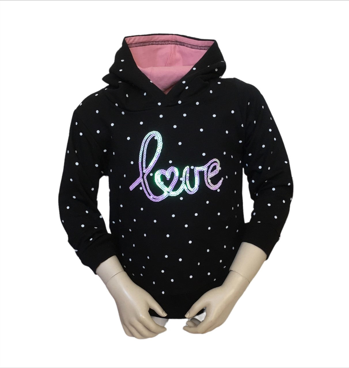 Hoodie polka dot met de tekst love met roze voering. Van het merk Blue seven en in verschillende maten beschikbaar.
