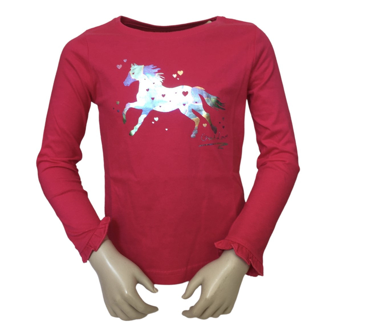 Paardenshirt in fuchiaroze met roezeltjes aan de mouwen. Van 100% katoen en verkrijgbaar in de maten 92 t/m 128.