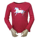 Paardenshirt in fuchiaroze met roezeltjes aan de mouwen. Van 100% katoen en verkrijgbaar in de maten 92 t/m 128.