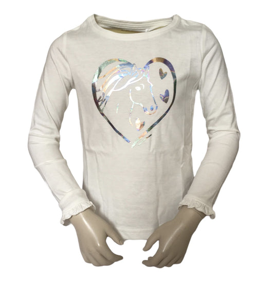 Paardenshirt in de kleur offwhite met roezels aan de mouwen . Van 100% katoen en verkrijgbaar in de maten 92 t/m 128.