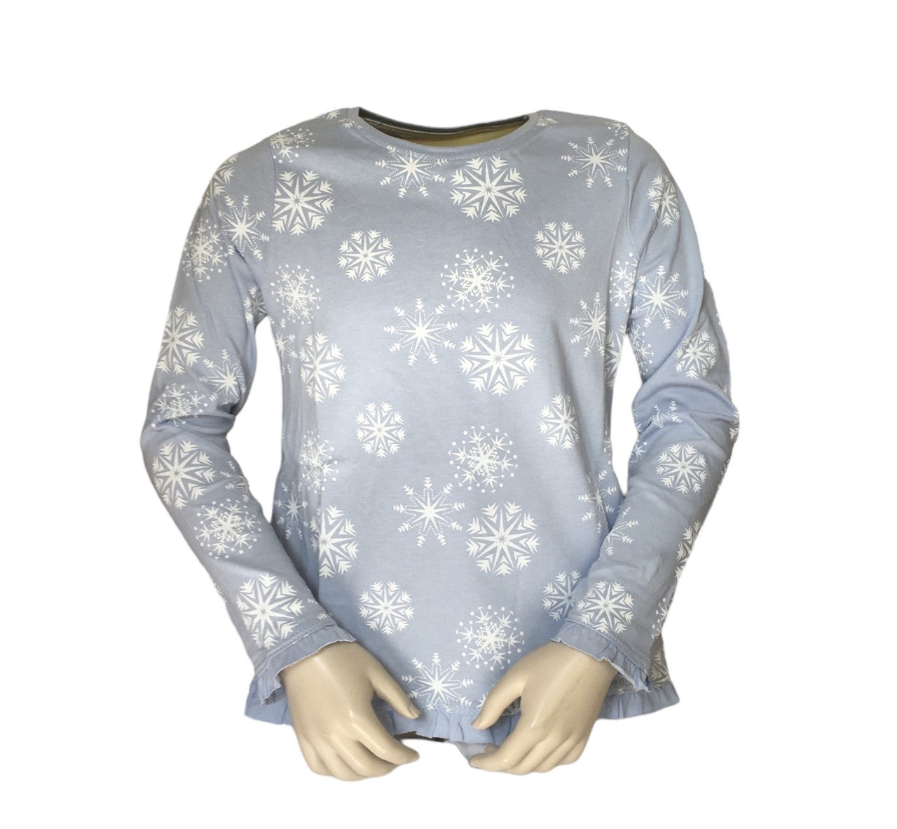 Shirt licht blauw met sneeuwsterren met roezels aan de mouwen. 100% katoen en verkrijgbaar in de maten 92 t/m 128.