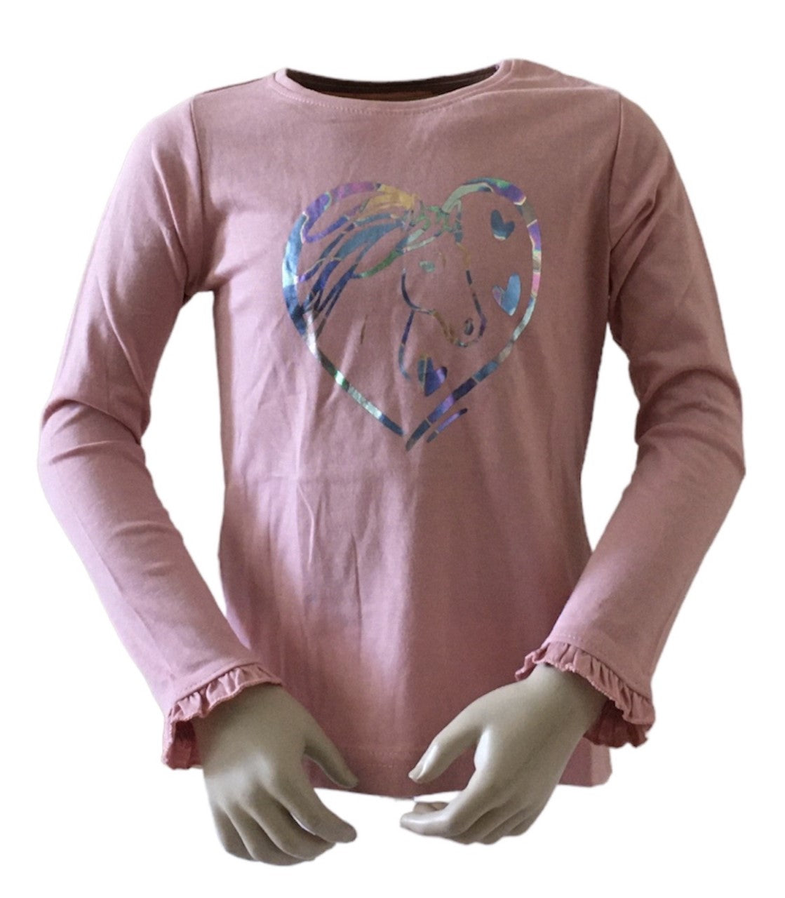 Shirt in de kleur magneta met paardenhoofd erop. Roezels aan de mouwen en van 100% katoen. Verkrijgbaar in de maten 92 t/m 128.
