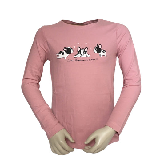 Shirt roze met 3 zwart witte puppies erop. 100% katoen en verkrijgbaar in de maten 92 t/m 128.